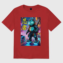 Футболка оверсайз женская Тоторо кибер ниндзя - неоновое свечение, цвет: красный