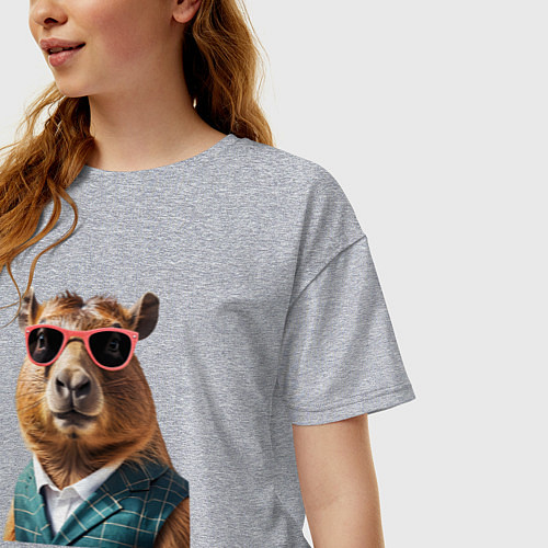 Женская футболка оверсайз Капибара в жилетке / Меланж – фото 3