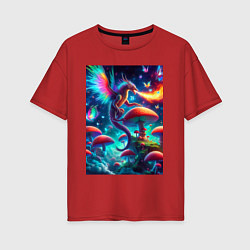 Женская футболка оверсайз Сказочный дракон на планете неоновых грибов