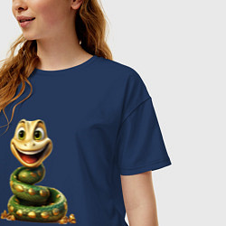 Футболка оверсайз женская Зеленая змейка с улыбкой, цвет: тёмно-синий — фото 2