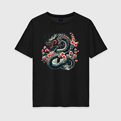 Футболка оверсайз женская Japanese dragon and sakura - irezumi, цвет: черный