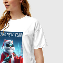 Футболка оверсайз женская Кот с пистолетом и подарком, цвет: белый — фото 2