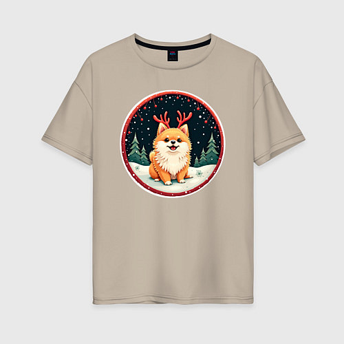 Женская футболка оверсайз Милый померанец с оленьими рожками / Миндальный – фото 1