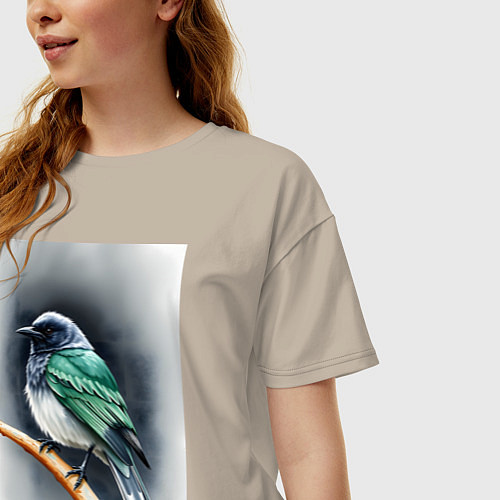 Женская футболка оверсайз Птичка на ветке / Миндальный – фото 3