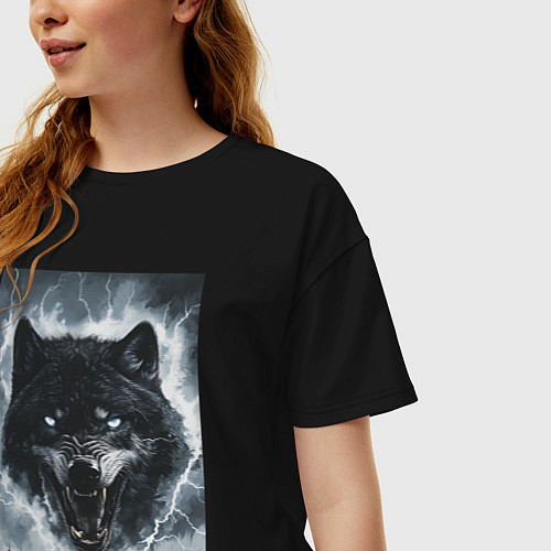 Женская футболка оверсайз Волк с оскаленной пастью / Черный – фото 3