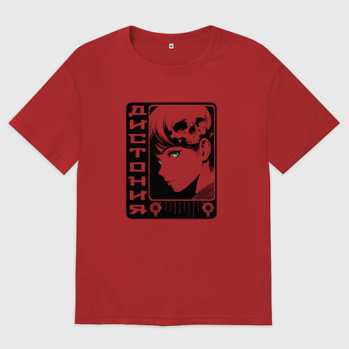 Женская футболка оверсайз Девушка с черепом на голове / Красный – фото 1