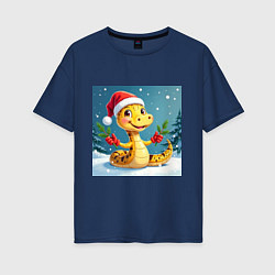 Футболка оверсайз женская Символ 2025 нового года змея в шаке Санты, цвет: тёмно-синий