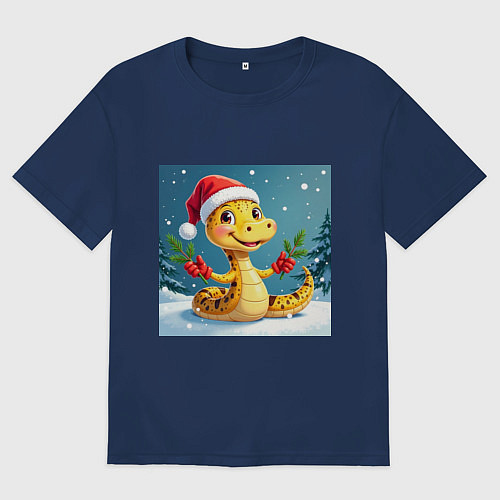 Женская футболка оверсайз Символ 2025 нового года змея в шаке Санты / Тёмно-синий – фото 1