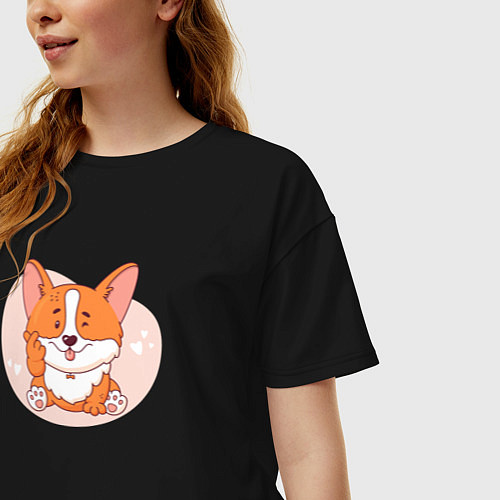 Женская футболка оверсайз Щенок корги показывает лапой жест - сердечко / Черный – фото 3