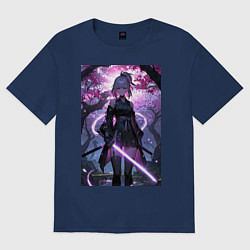 Футболка оверсайз женская Девушка с катаной на фоне цветущей сакуры, цвет: тёмно-синий