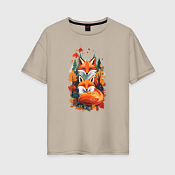 Футболка оверсайз женская Лисы и осенний пейзаж, цвет: миндальный