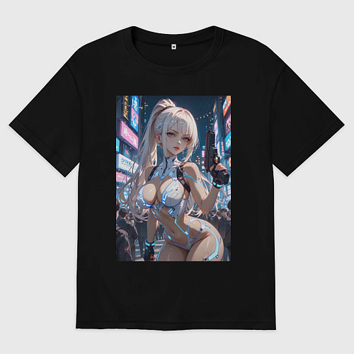 Женская футболка оверсайз Девушка с пистолетом с киберимплантами / Черный – фото 1