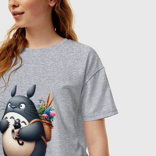 Женская футболка оверсайз Totoro and black cat - anime / Меланж – фото 3