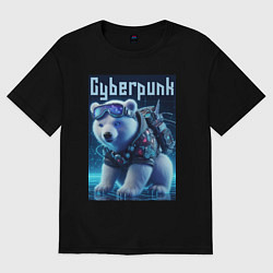Женская футболка оверсайз Белый медвежонок в стиле киберпанк