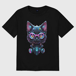 Женская футболка оверсайз Прикольный котёнок - киберпанк