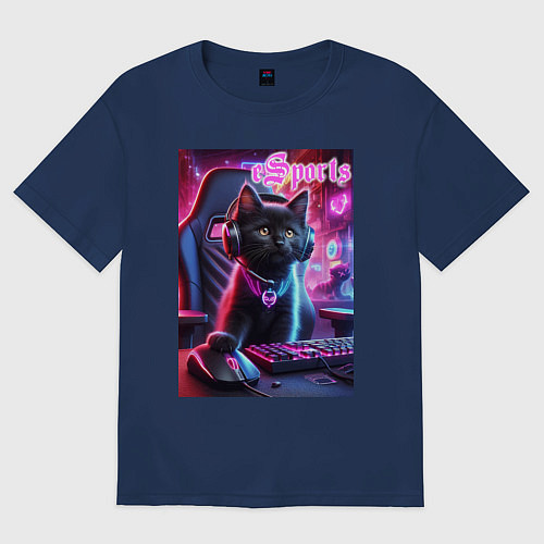 Женская футболка оверсайз Чёрный котёнок - киберспорт / Тёмно-синий – фото 1