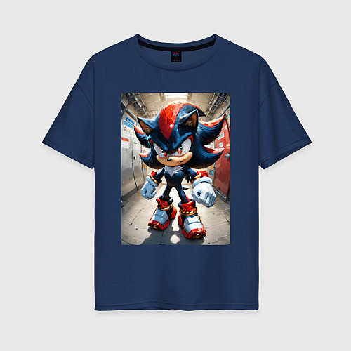 Женская футболка оверсайз Ежик Шедоу стоит в коридоре / Тёмно-синий – фото 1