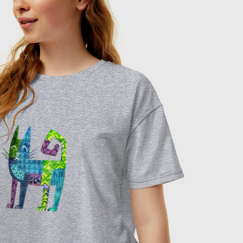 Женская футболка оверсайз Декоративный кот в узорах / Меланж – фото 3