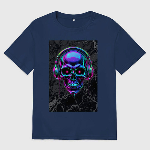 Женская футболка оверсайз Неоновый череп в наушниках / Тёмно-синий – фото 1