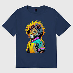 Футболка оверсайз женская Прикольный львёнок - поп-арт, цвет: тёмно-синий