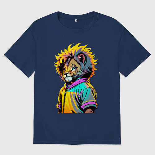 Женская футболка оверсайз Прикольный львёнок - поп-арт / Тёмно-синий – фото 1