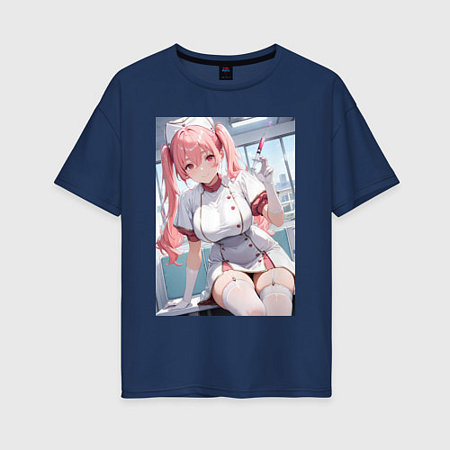 Женская футболка оверсайз Медсестричка сделает тебе укол любви - пышная аним / Тёмно-синий – фото 1