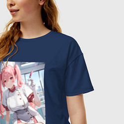 Футболка оверсайз женская Медсестричка сделает тебе укол любви - пышная аним, цвет: тёмно-синий — фото 2