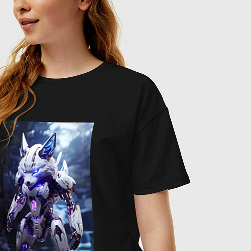 Женская футболка оверсайз Киборг лиса с неоновой подсветкой / Черный – фото 3