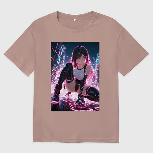 Женская футболка оверсайз Тифа Локхарт из Final Fantasy VII в стиле киберпан / Пыльно-розовый – фото 1