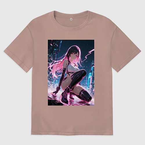 Женская футболка оверсайз Тифа Локхарт из Final Fantasy VII в стиле киберпан / Пыльно-розовый – фото 1