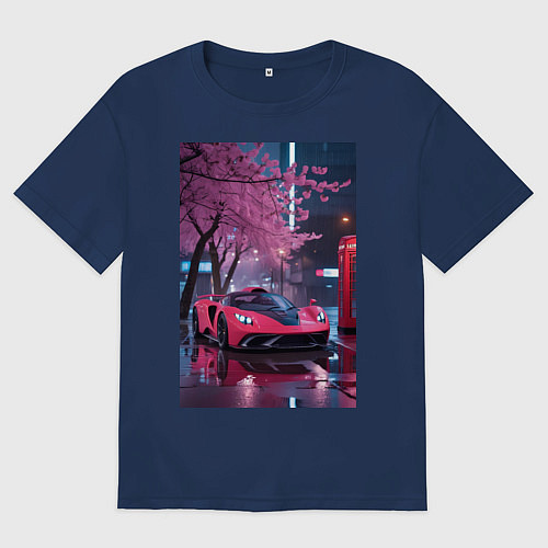 Женская футболка оверсайз Суперкар и сакура / Тёмно-синий – фото 1