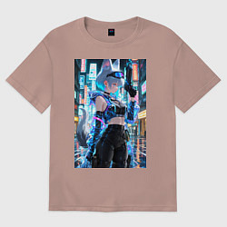 Футболка оверсайз женская Лиса наемник в стиле Cyberpunk, цвет: пыльно-розовый