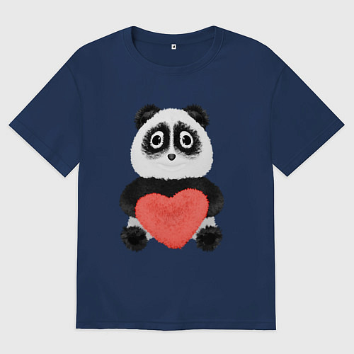 Женская футболка оверсайз Плюшевый панда с красным сердцем / Тёмно-синий – фото 1