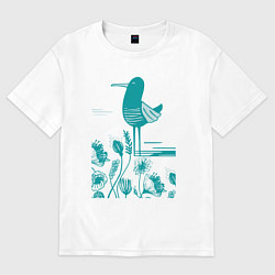 Футболка оверсайз женская Птичка и цветы в голубом, цвет: белый