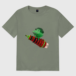 Женская футболка оверсайз Зеленый монстр на красной ракете