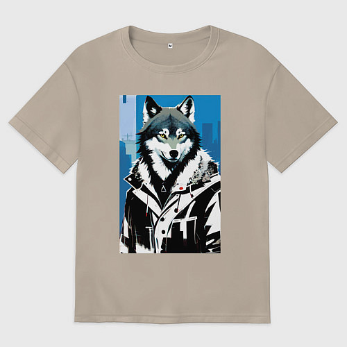 Женская футболка оверсайз Волк в мегаполисе - нейроарт / Миндальный – фото 1