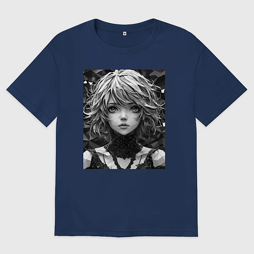 Женская футболка оверсайз Аниме портрет девушки в черно-белом цвете / Тёмно-синий – фото 1