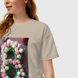 Футболка оверсайз женская Тюльпаны к празднику 8 марта, цвет: миндальный — фото 2