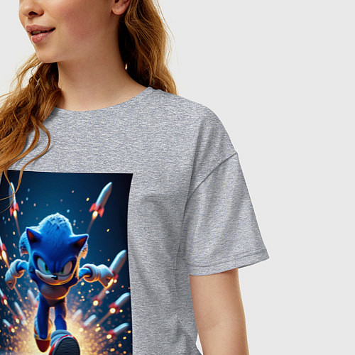 Женская футболка оверсайз Соник убегает от ракет / Меланж – фото 3