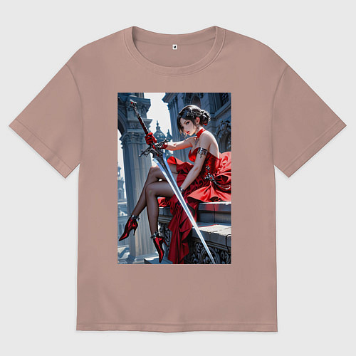 Женская футболка оверсайз Девушка в красном платье с мечем / Пыльно-розовый – фото 1