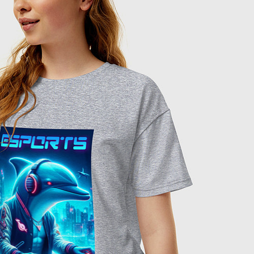 Женская футболка оверсайз Дельфин крутой киберспортсмен - нейроарт / Меланж – фото 3