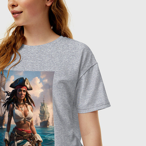 Женская футболка оверсайз Пиратка на фона флотилии кораблей / Меланж – фото 3