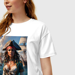 Футболка оверсайз женская Пиратка на фона флотилии кораблей, цвет: белый — фото 2