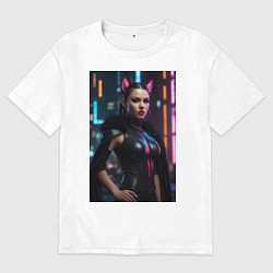 Футболка оверсайз женская Девушка с кошачьими ушами стоит на фоне небоскребо, цвет: белый