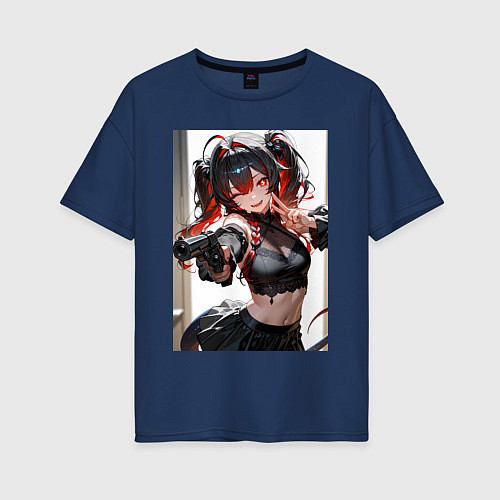 Женская футболка оверсайз Девушка-демон с пистолетом / Тёмно-синий – фото 1