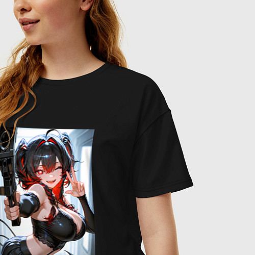 Женская футболка оверсайз Девушка-демон с пистолетом / Черный – фото 3