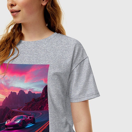 Женская футболка оверсайз Суперкар едет по серпантину / Меланж – фото 3