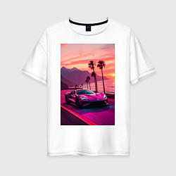 Футболка оверсайз женская Суперкар едет около океана, цвет: белый