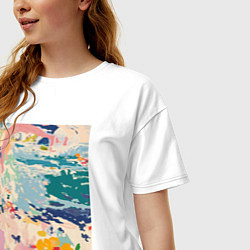 Футболка оверсайз женская Абстрактная картина с морем и цветами, цвет: белый — фото 2