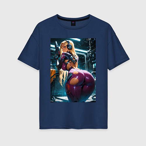 Женская футболка оверсайз Девушка с оружием в киберпанк стиле / Тёмно-синий – фото 1